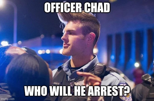 officer chad | OFFICER CHAD; WHO WILL HE ARREST? | image tagged in the police,chad | made w/ Imgflip meme maker
