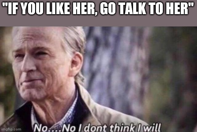 no i don't think i will | "IF YOU LIKE HER, GO TALK TO HER" | image tagged in no i don't think i will | made w/ Imgflip meme maker