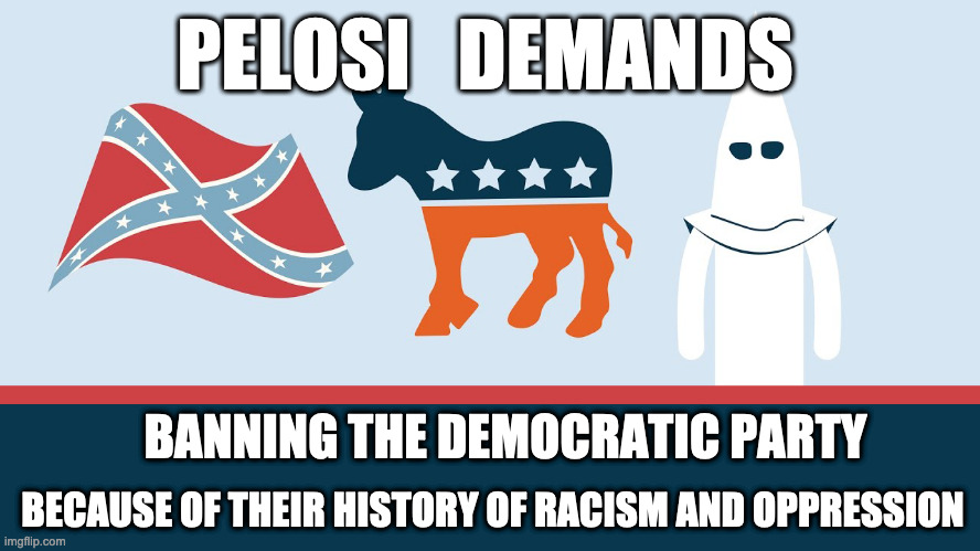 Pelosi Demands | PELOSI   DEMANDS; BANNING THE DEMOCRATIC PARTY; BECAUSE OF THEIR HISTORY OF RACISM AND OPPRESSION | image tagged in pelosi,meme,funny policial,democrats,fail,coffee | made w/ Imgflip meme maker
