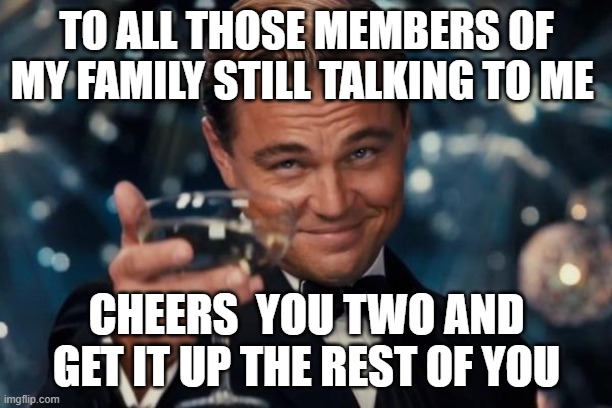 Leonardo Dicaprio Cheers Meme | TO ALL THOSE MEMBERS OF MY FAMILY STILL TALKING TO ME; CHEERS  YOU TWO AND GET IT UP THE REST OF YOU | image tagged in memes,leonardo dicaprio cheers | made w/ Imgflip meme maker
