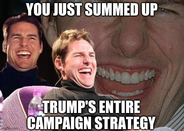 Tom Cruise laugh | YOU JUST SUMMED UP TRUMP'S ENTIRE CAMPAIGN STRATEGY | image tagged in tom cruise laugh | made w/ Imgflip meme maker