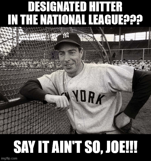 The ruination of baseball continues... | DESIGNATED HITTER IN THE NATIONAL LEAGUE??? SAY IT AIN'T SO, JOE!!! | image tagged in baseball,joe dimaggio,designated hitter | made w/ Imgflip meme maker