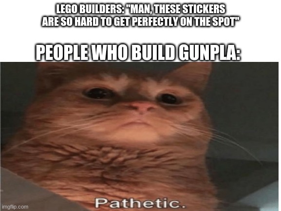 True dis | LEGO BUILDERS: "MAN, THESE STICKERS ARE SO HARD TO GET PERFECTLY ON THE SPOT"; PEOPLE WHO BUILD GUNPLA: | image tagged in meme | made w/ Imgflip meme maker