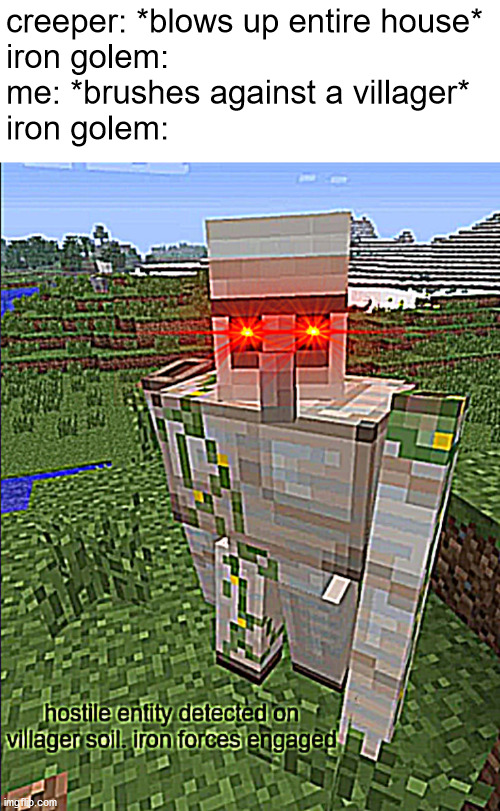 it was an accident i swear!!! | creeper: *blows up entire house*
iron golem:
me: *brushes against a villager*
iron golem: | image tagged in minecraft,memes | made w/ Imgflip meme maker