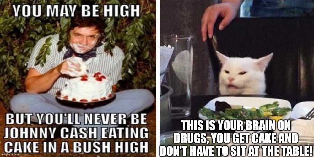 Johnny Cash | THIS IS YOUR BRAIN ON DRUGS, YOU GET CAKE AND DON'T HAVE TO SIT AT THE TABLE! | image tagged in smudge the cat | made w/ Imgflip meme maker