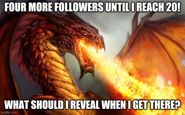 Thanks for your input, guys! | FOUR MORE FOLLOWERS UNTIL I REACH 20! WHAT SHOULD I REVEAL WHEN I GET THERE? | image tagged in fire breathing dragon | made w/ Imgflip meme maker