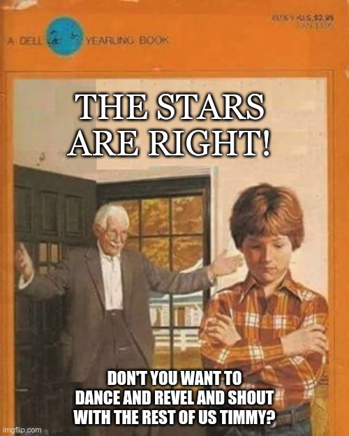 book cover | THE STARS ARE RIGHT! DON'T YOU WANT TO DANCE AND REVEL AND SHOUT WITH THE REST OF US TIMMY? | image tagged in book cover | made w/ Imgflip meme maker