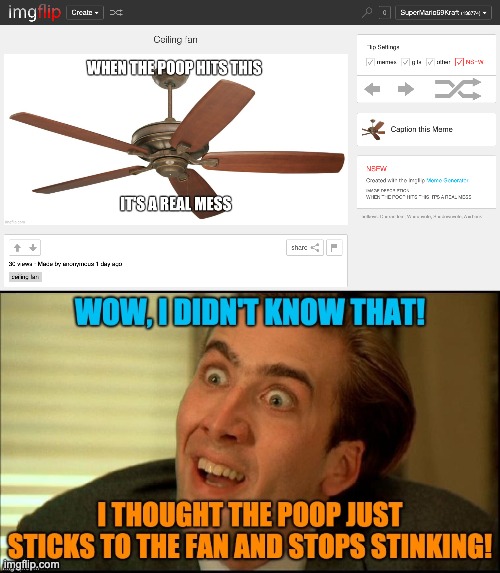 My response to one of G-L-B's last images, which he could've at least been made into a demotivational | image tagged in g-l-b,ceiling fan,gross,poop hits the fan,shit hits the fan,you don't say - nicholas cage | made w/ Imgflip meme maker