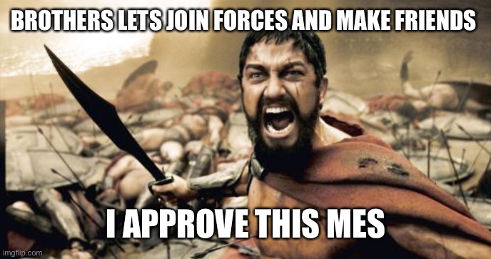 Brothers | BROTHERS LETS JOIN FORCES AND MAKE FRIENDS; I APPROVE THIS MESSAGE | image tagged in memes,sparta leonidas | made w/ Imgflip meme maker