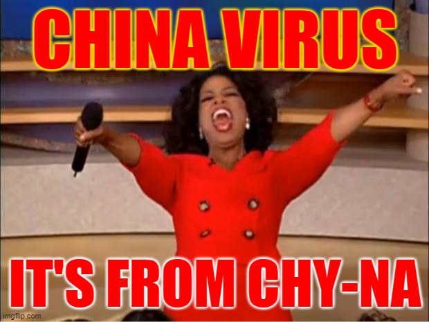 Oprah You Get A Meme | CHINA VIRUS IT'S FROM CHY-NA | image tagged in memes,oprah you get a | made w/ Imgflip meme maker