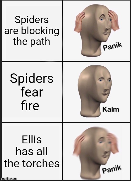 Panik Kalm Panik Meme | Spiders are blocking the path; Spiders fear fire; Ellis has all the torches | image tagged in memes,panik kalm panik | made w/ Imgflip meme maker