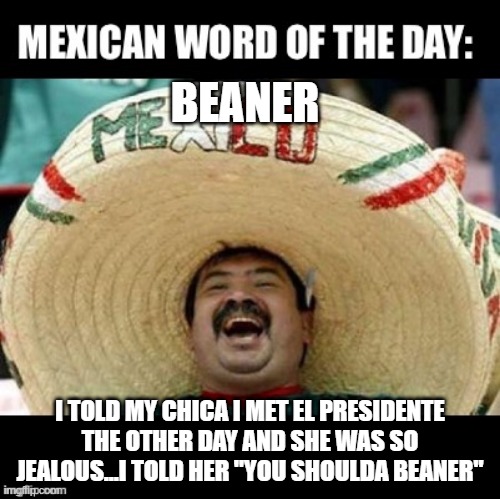 Woulda Coulda Shoulda | BEANER; I TOLD MY CHICA I MET EL PRESIDENTE THE OTHER DAY AND SHE WAS SO JEALOUS...I TOLD HER "YOU SHOULDA BEANER" | image tagged in mexican word of the day large | made w/ Imgflip meme maker