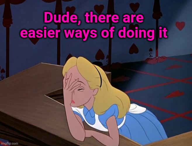 Alice in Wonderland Face Palm Facepalm | Dude, there are easier ways of doing it | image tagged in alice in wonderland face palm facepalm | made w/ Imgflip meme maker