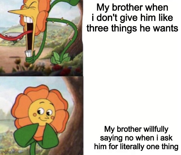 cagney carnation | My brother when i don't give him like three things he wants; My brother willfully saying no when i ask him for literally one thing | image tagged in cagney carnation | made w/ Imgflip meme maker