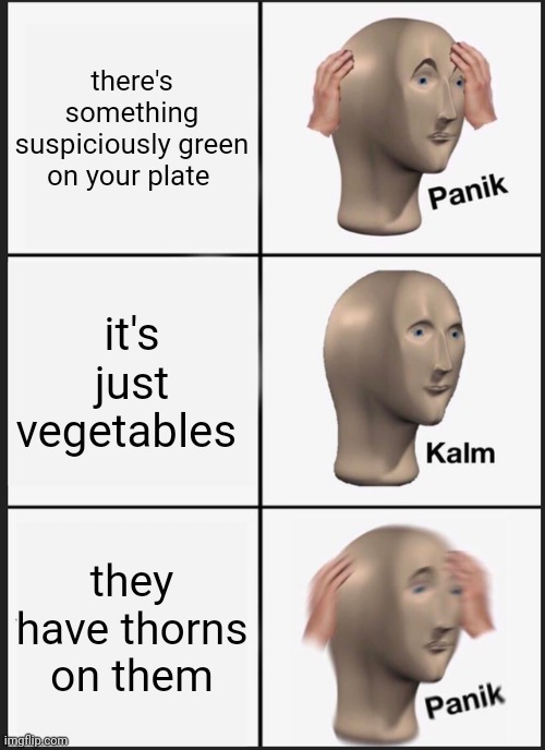 SERIOUSLY LIKE BRO | there's something suspiciously green on your plate; it's just vegetables; they have thorns on them | image tagged in memes,panik kalm panik | made w/ Imgflip meme maker