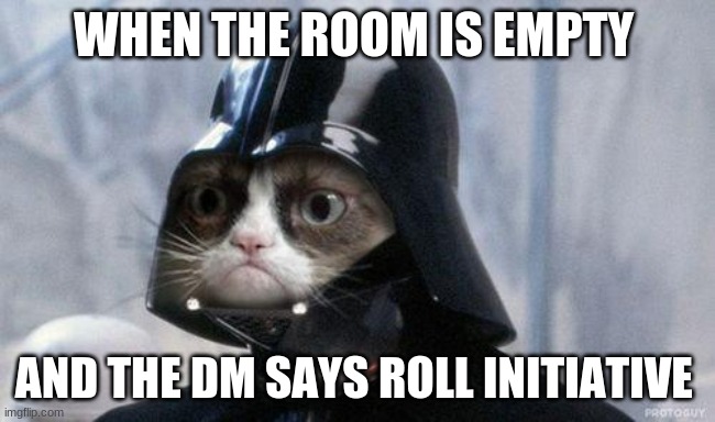 Grumpy Cat Star Wars | WHEN THE ROOM IS EMPTY; AND THE DM SAYS ROLL INITIATIVE | image tagged in memes,grumpy cat star wars,grumpy cat | made w/ Imgflip meme maker