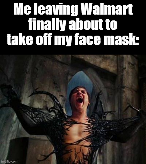 spider man ripping off symbiote | Me leaving Walmart finally about to take off my face mask: | image tagged in spider man ripping off symbiote | made w/ Imgflip meme maker