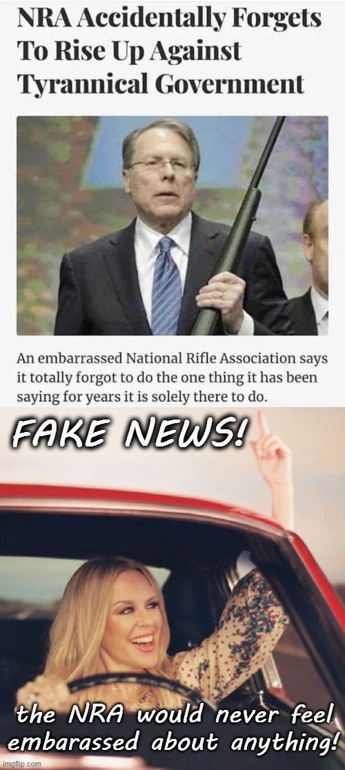 If hundreds of dead children won’t cause them to budge, why would they give a shit about jackbooted Fed thugs tear gassing moms? | FAKE NEWS! the NRA would never feel embarassed about anything! | image tagged in kylie driving,nra,conservative hypocrisy,conservative logic,gun rights,portland | made w/ Imgflip meme maker