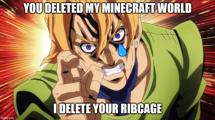 Fugo is mad with you | YOU DELETED MY MINECRAFT WORLD; I DELETE YOUR RIBCAGE | image tagged in jojo's bizarre adventure,minecraft | made w/ Imgflip meme maker