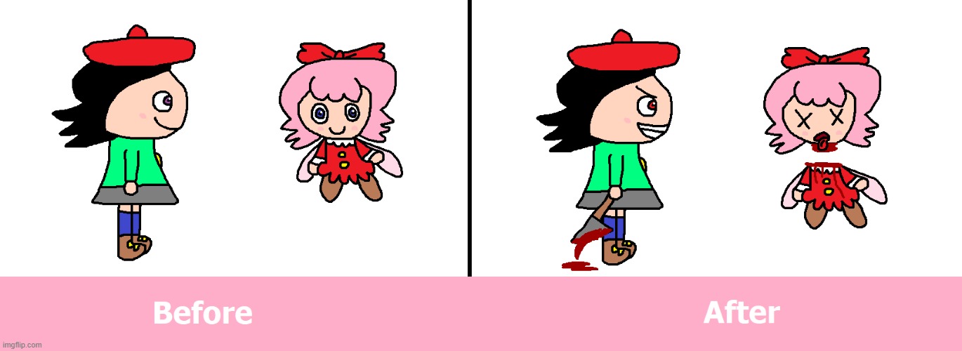 Adeleine Cuts Ribbon's Head Off | image tagged in kirby,funny,gore,blood,death,cute | made w/ Imgflip meme maker
