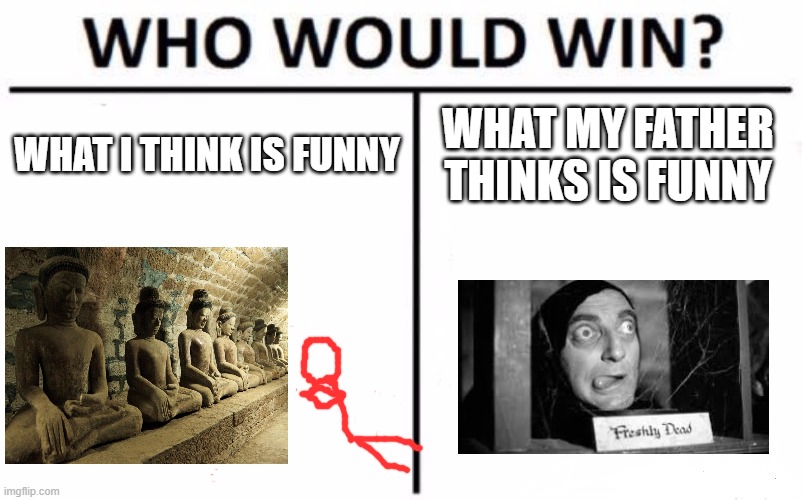Who Would Win? | WHAT I THINK IS FUNNY; WHAT MY FATHER THINKS IS FUNNY | image tagged in memes,who would win,young frankenstein,idol,father,funny | made w/ Imgflip meme maker