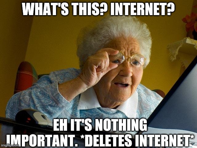 Grandma Finds The Internet | WHAT'S THIS? INTERNET? EH IT'S NOTHING IMPORTANT. *DELETES INTERNET* | image tagged in memes,grandma finds the internet | made w/ Imgflip meme maker