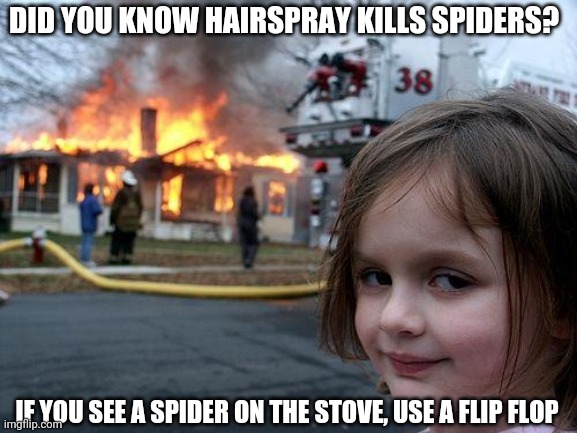 Life hack | DID YOU KNOW HAIRSPRAY KILLS SPIDERS? IF YOU SEE A SPIDER ON THE STOVE, USE A FLIP FLOP | image tagged in memes,disaster girl,pests,fire,life hack | made w/ Imgflip meme maker
