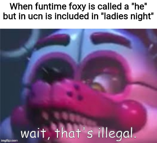 illegal funtime foxy | When funtime foxy is called a "he" but in ucn is included in "ladies night" | image tagged in illegal funtime foxy | made w/ Imgflip meme maker