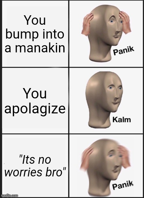 They're gaining sentience | You bump into a manakin; You apolagize; "Its no worries bro" | image tagged in memes,panik kalm panik | made w/ Imgflip meme maker
