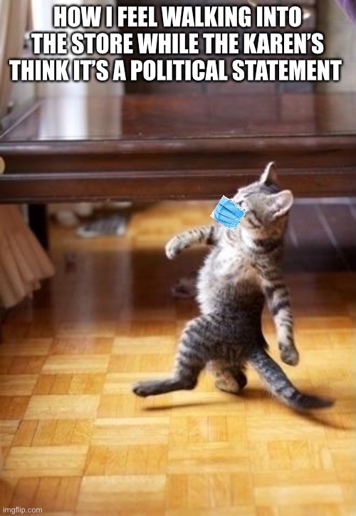 Cool Cat Stroll Meme | HOW I FEEL WALKING INTO THE STORE WHILE THE KAREN’S THINK IT’S A POLITICAL STATEMENT | image tagged in memes,cool cat stroll | made w/ Imgflip meme maker