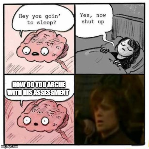 Hey you going to sleep? | HOW DO YOU ARGUE WITH HIS ASSESSMENT | image tagged in hey you going to sleep | made w/ Imgflip meme maker
