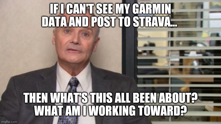 Creed The Office | IF I CAN'T SEE MY GARMIN DATA AND POST TO STRAVA... THEN WHAT'S THIS ALL BEEN ABOUT?
WHAT AM I WORKING TOWARD? | image tagged in creed the office,trailrunning | made w/ Imgflip meme maker