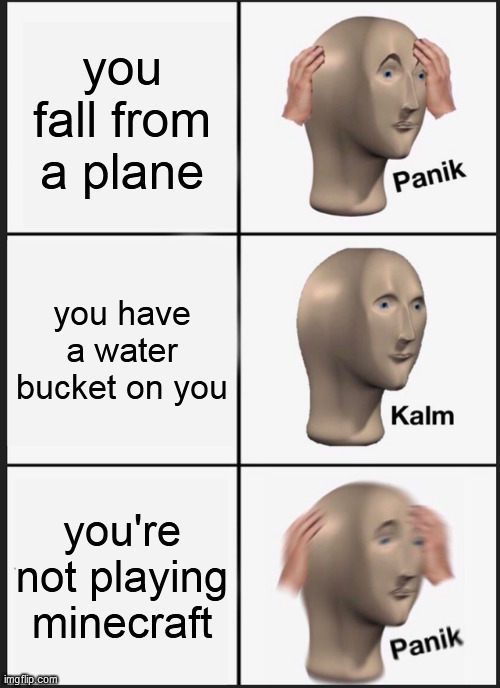 be careful dude | you fall from a plane; you have a water bucket on you; you're not playing minecraft | image tagged in memes,panik kalm panik | made w/ Imgflip meme maker