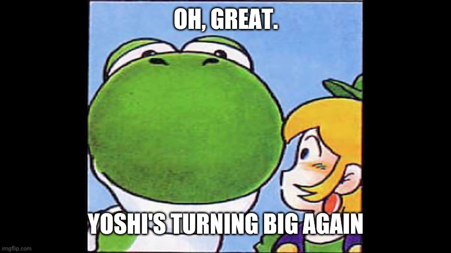 Big yoshi | OH, GREAT. YOSHI'S TURNING BIG AGAIN | image tagged in big yoshi | made w/ Imgflip meme maker