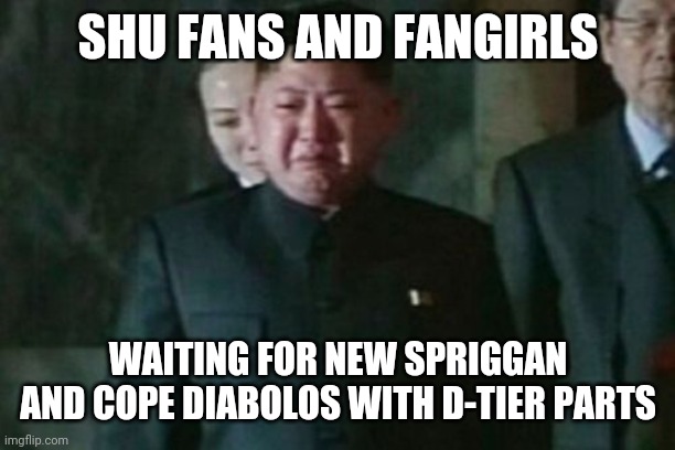 Kim Jong Un Sad Meme | SHU FANS AND FANGIRLS; WAITING FOR NEW SPRIGGAN AND COPE DIABOLOS WITH D-TIER PARTS | image tagged in memes,kim jong un sad | made w/ Imgflip meme maker
