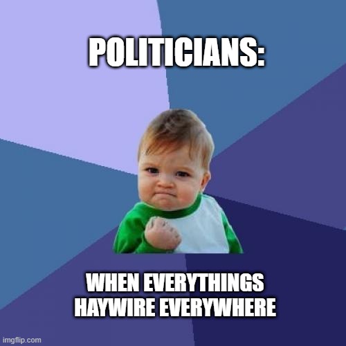Success Kid Meme | POLITICIANS:; WHEN EVERYTHINGS HAYWIRE EVERYWHERE | image tagged in memes,success kid | made w/ Imgflip meme maker