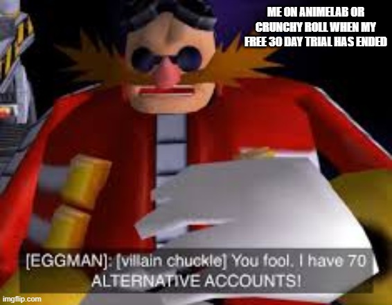 Eggman Alternative Accounts | ME ON ANIMELAB OR CRUNCHY ROLL WHEN MY FREE 30 DAY TRIAL HAS ENDED | image tagged in eggman alternative accounts | made w/ Imgflip meme maker