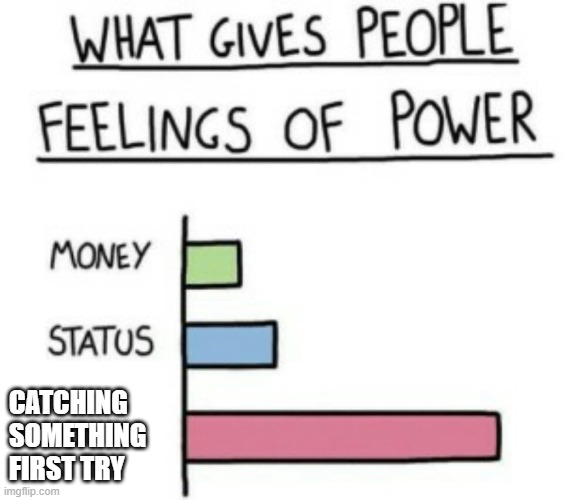 What Gives People Feelings of Power | CATCHING 
SOMETHING
FIRST TRY | image tagged in what gives people feelings of power | made w/ Imgflip meme maker