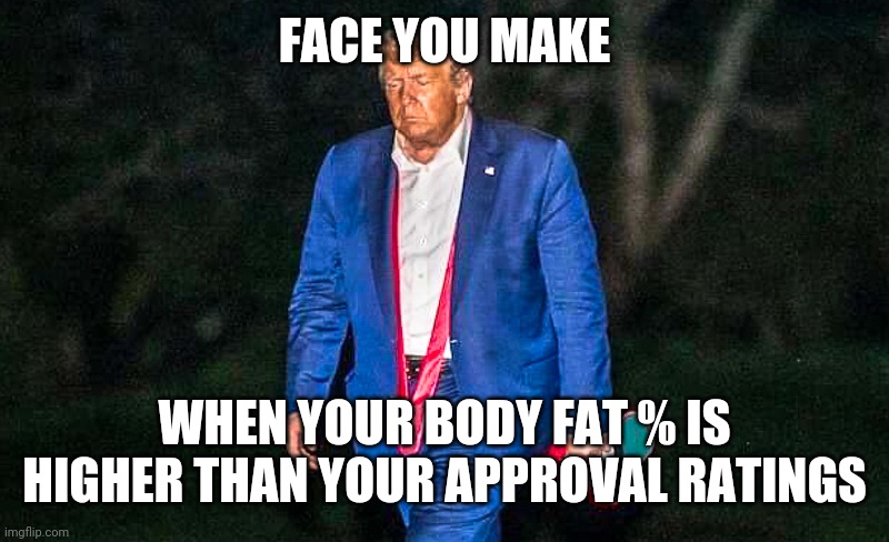Defeated Trump Meme | FACE YOU MAKE; WHEN YOUR BODY FAT % IS HIGHER THAN YOUR APPROVAL RATINGS | image tagged in defeated trump meme | made w/ Imgflip meme maker