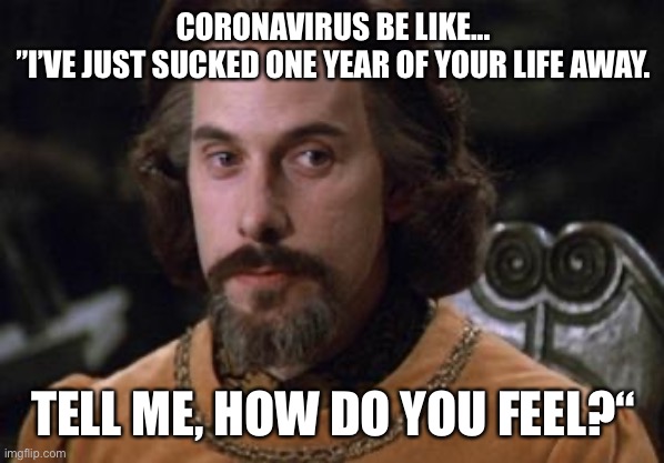 The Princess Bride |  CORONAVIRUS BE LIKE...
”I’VE JUST SUCKED ONE YEAR OF YOUR LIFE AWAY. TELL ME, HOW DO YOU FEEL?“ | image tagged in the princess bride | made w/ Imgflip meme maker