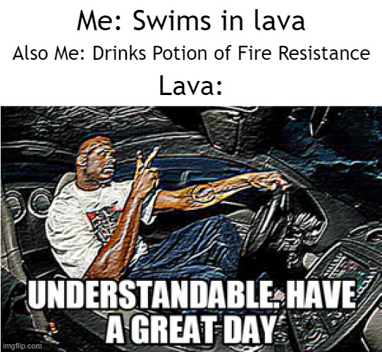 Use your Minecraft knowledge |  Me: Swims in lava; Also Me: Drinks Potion of Fire Resistance; Lava: | image tagged in understandable have a great day,minecraft,lava,fire,resistance,memes | made w/ Imgflip meme maker