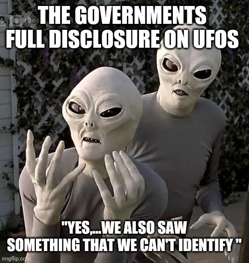 Enlightening.....good talk | THE GOVERNMENTS  FULL DISCLOSURE ON UFOS; "YES,...WE ALSO SAW SOMETHING THAT WE CAN'T IDENTIFY " | image tagged in aliens | made w/ Imgflip meme maker