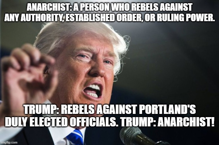 Trump is an Anarchist! | ANARCHIST: A PERSON WHO REBELS AGAINST ANY AUTHORITY, ESTABLISHED ORDER, OR RULING POWER. TRUMP: REBELS AGAINST PORTLAND'S DULY ELECTED OFFICIALS. TRUMP: ANARCHIST! | image tagged in donald trump,anarchist,anarchy | made w/ Imgflip meme maker