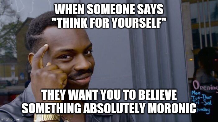 Not like that! | WHEN SOMEONE SAYS
"THINK FOR YOURSELF"; THEY WANT YOU TO BELIEVE SOMETHING ABSOLUTELY MORONIC | image tagged in memes,roll safe think about it,think for yourself,morons | made w/ Imgflip meme maker