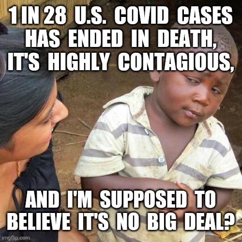 Do the math yourself!  Deaths / cases. | 1 IN 28  U.S.  COVID  CASES
HAS  ENDED  IN  DEATH,
IT'S  HIGHLY  CONTAGIOUS, AND  I'M  SUPPOSED  TO BELIEVE  IT'S  NO  BIG  DEAL? | image tagged in covid-19,pandemic,deaths,mortality,personal responsibility,memes | made w/ Imgflip meme maker