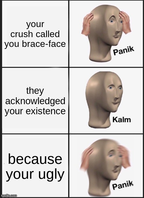 crush dilemma | your crush called you brace-face; they acknowledged your existence; because your ugly | image tagged in memes,panik kalm panik | made w/ Imgflip meme maker