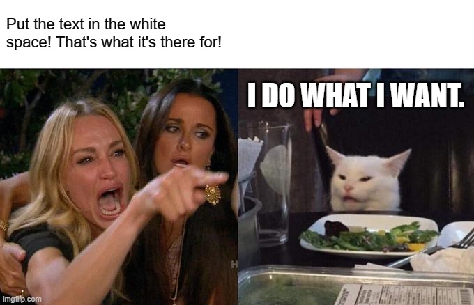 Woman Yelling At Cat Meme | Put the text in the white space! That's what it's there for! I DO WHAT I WANT. | image tagged in memes,woman yelling at cat | made w/ Imgflip meme maker