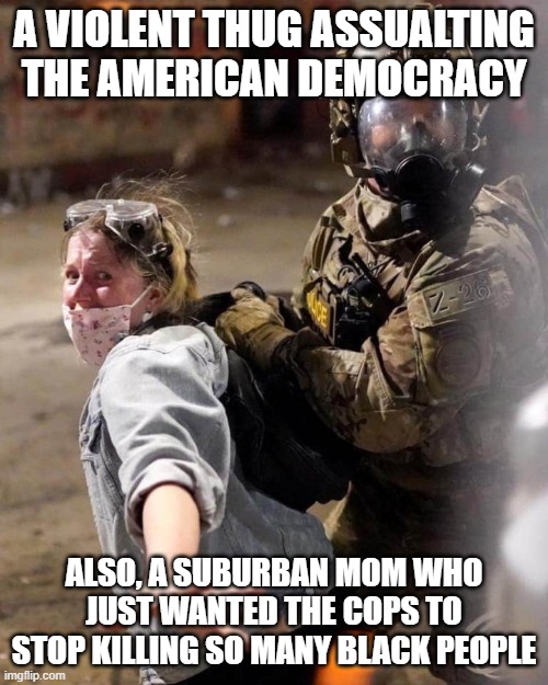 Pictured Here | A VIOLENT THUG ASSUALTING THE AMERICAN DEMOCRACY; ALSO, A SUBURBAN MOM WHO JUST WANTED THE COPS TO STOP KILLING SO MANY BLACK PEOPLE | image tagged in black lives matter,fascism,conservative hypocrisy | made w/ Imgflip meme maker