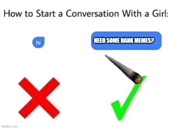 how to start a conversation with a girl (add text or image) | NEED SOME DANK MEMES? | image tagged in how to start a conversation with a girl add text or image | made w/ Imgflip meme maker