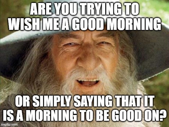A Wizard Is Never Late | ARE YOU TRYING TO WISH ME A GOOD MORNING; OR SIMPLY SAYING THAT IT IS A MORNING TO BE GOOD ON? | image tagged in a wizard is never late | made w/ Imgflip meme maker